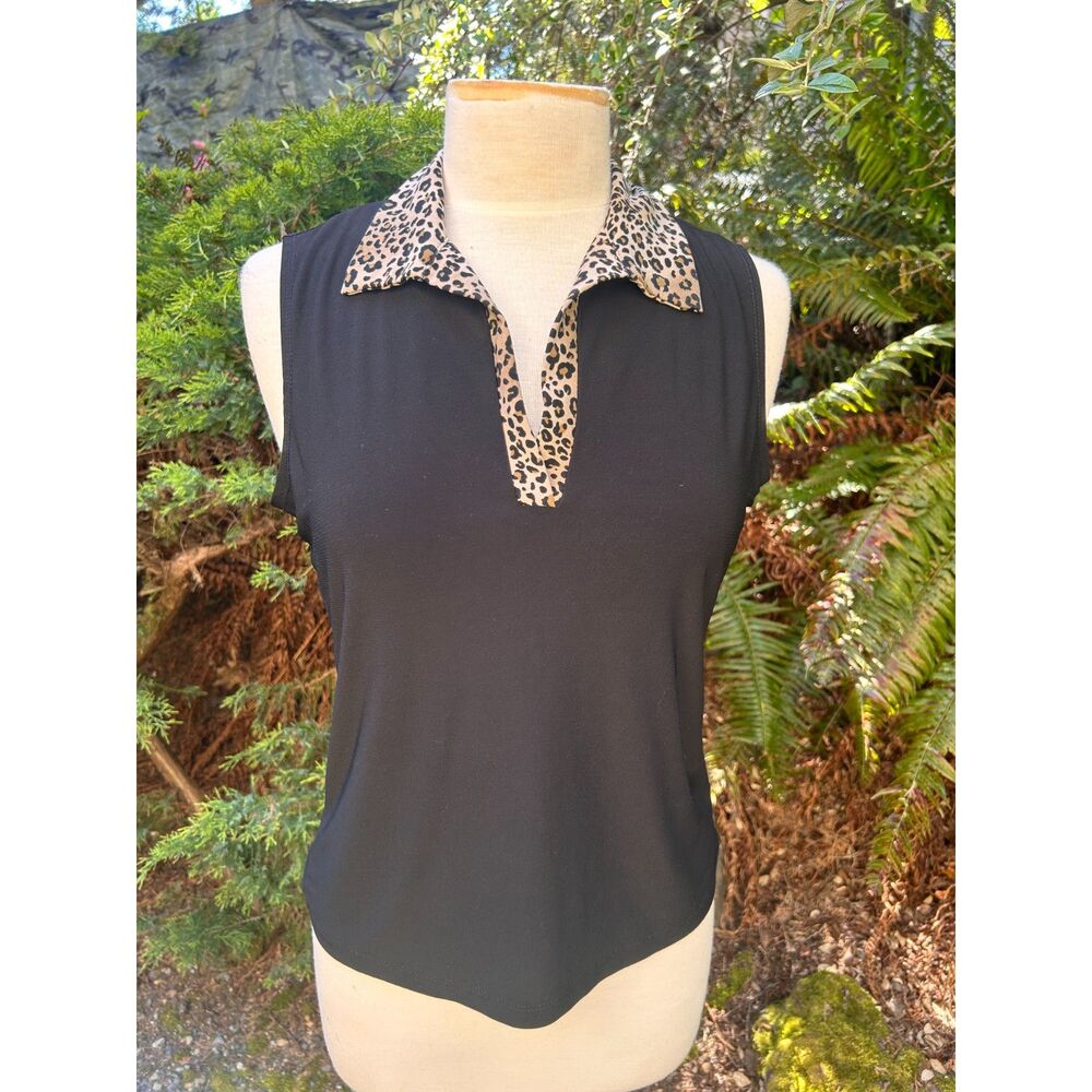 Y2K leopard collar sleeveless black top M